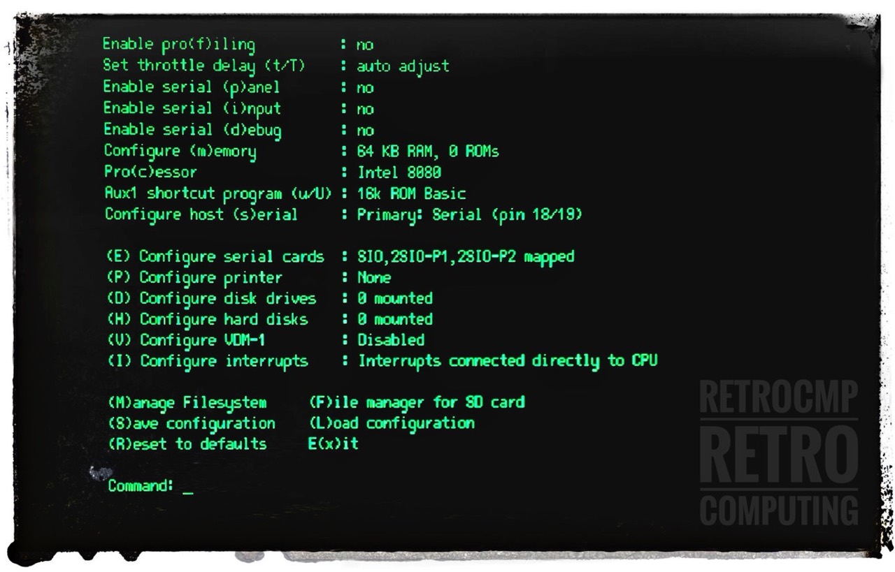 Altair-Duino Pro 8800 - Configuration Menu